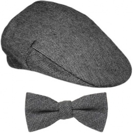 Boys Grey Tweed Herringbone Flat Cap & Bow Tie